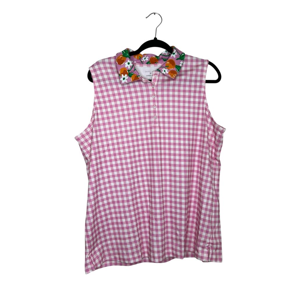 Draper James X Lands End Pink gingham sleeveless polo with floral collar Size 1X